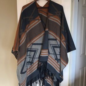 Super cute blue orange gray sweater poncho wrap